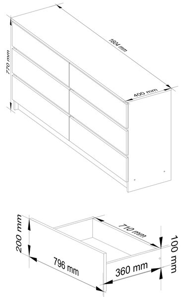 Ak furniture Komoda Kuba 160 cm 6 zásuviek biela/grafitová