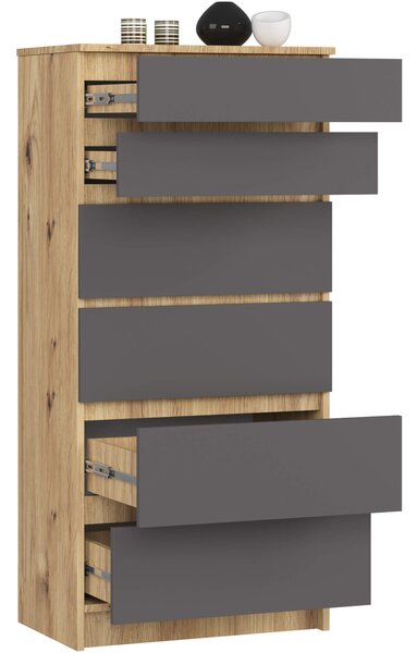 Ak furniture Komoda Kuba 60 cm - 6 zásuviek dub artisan/grafitová
