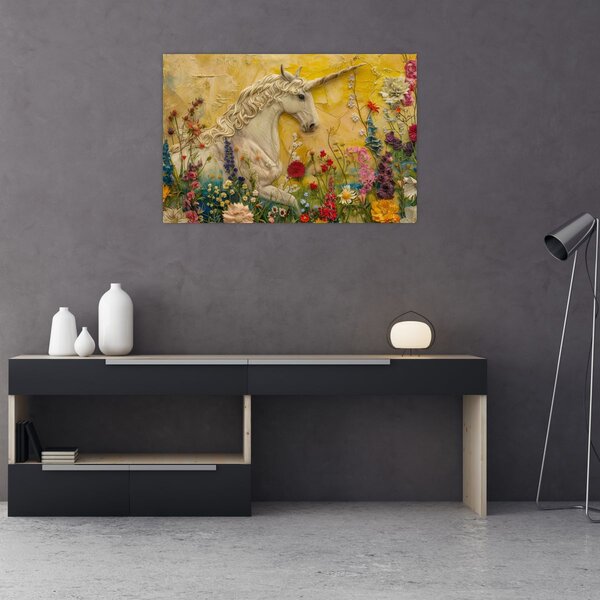 Obraz - Jednorožec s kvetinami (90x60 cm)