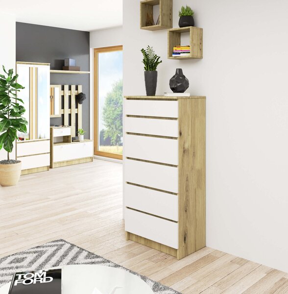 Ak furniture Komoda Kuba 60 cm - 6 zásuviek dub artisan/biela