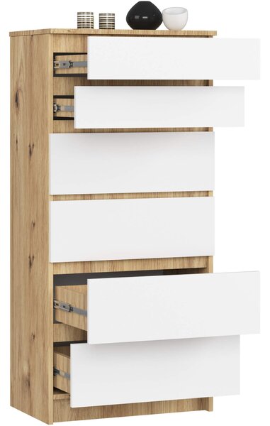 Ak furniture Komoda Kuba 60 cm - 6 zásuviek dub artisan/biela