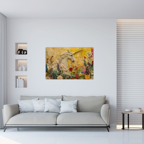 Obraz - Jednorožec s kvetinami (90x60 cm)