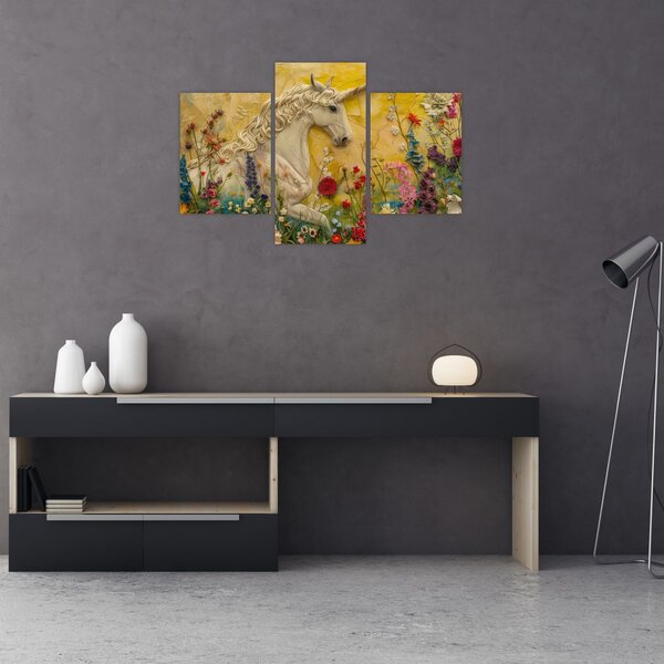 Obraz - Jednorožec s kvetinami (90x60 cm)