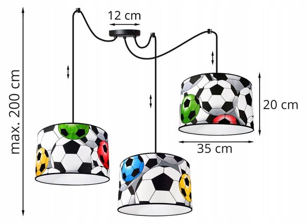 Detské závesné svietidlo Soccer Spider, 3x textilné tienidlo so vzorom, (výber z 2 farieb konštrukcie)