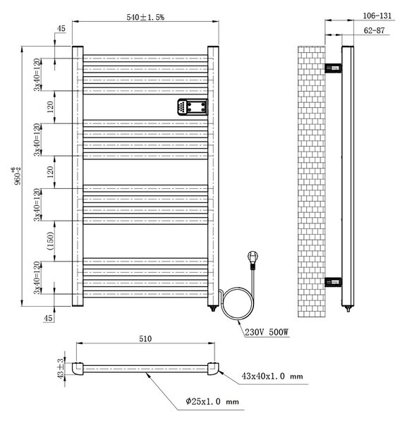 BPS-koupelny Elektrický kúpeľňový radiátor LOA BL 500W 54x96 cm, čierny