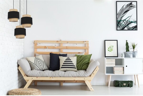 Závesné svietidlo Boho, 3x jutové/čierne textilné tienidlo, o