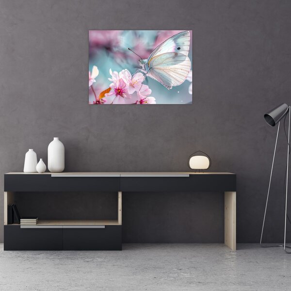 Obraz - Motýľ na čerešni (70x50 cm)