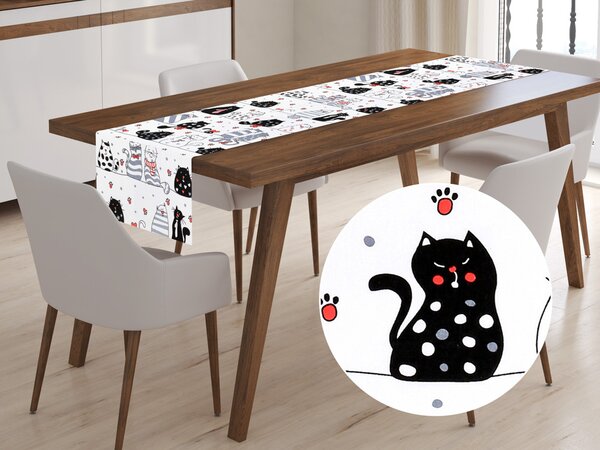 Biante Detský bavlnený behúň na stôl Sandra SA-127 Čierno biele mačky na bielom 20x120 cm