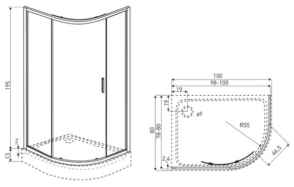 Novoterm Asymetrický sprchový kút NV-Solid RPA CHR 80x100, chróm/transparent - bez vaničky