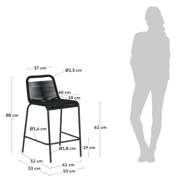 Čierna barová stolička s oceľovou konštrukciou Kave Home Glenville, výška 62 cm