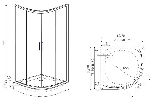 Novoterm Štvrťkruhový sprchovací kút NV-Solid RS BL 80, čierny/transparent - bez vaničky