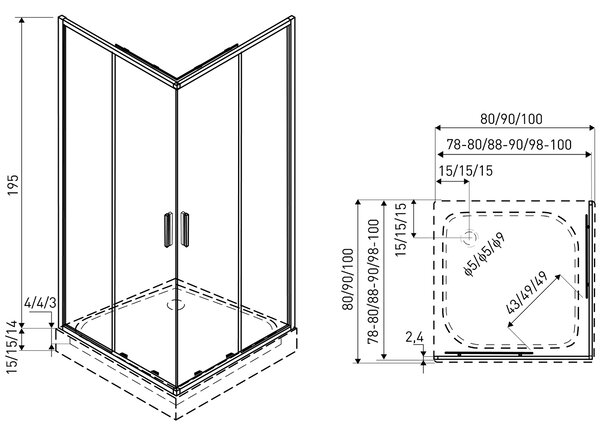 Novoterm Štvorcový sprchovací kút NV-Solid SQ CHR 80, chróm/transparent - bez vaničky