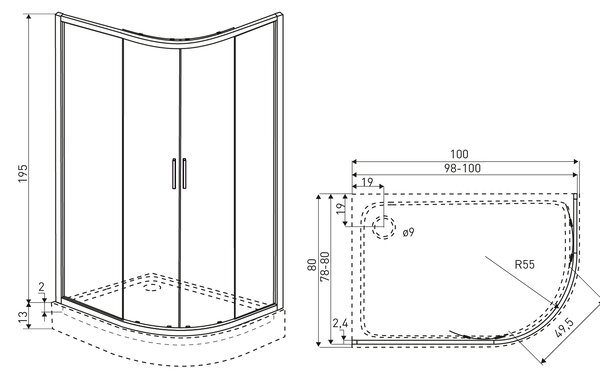 Novoterm Asymetrický sprchový kút NV-Solid RA BL 80x100, čierny/transparent - bez vaničky