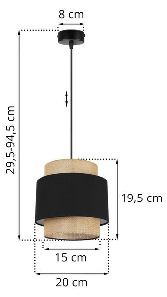 Závesné svietidlo Boho, 1x jutové/čierne textilné tienidlo