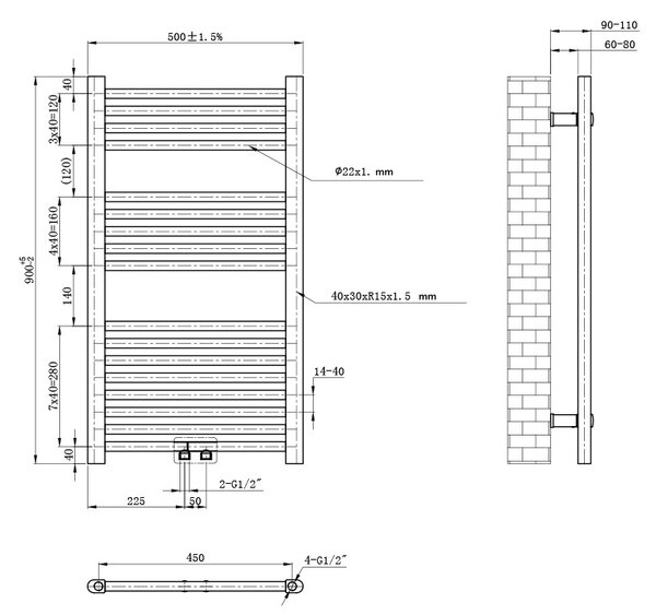 BPS-koupelny Kúpeľňový radiátor CORSO BL 2 50x90 cm, čierny