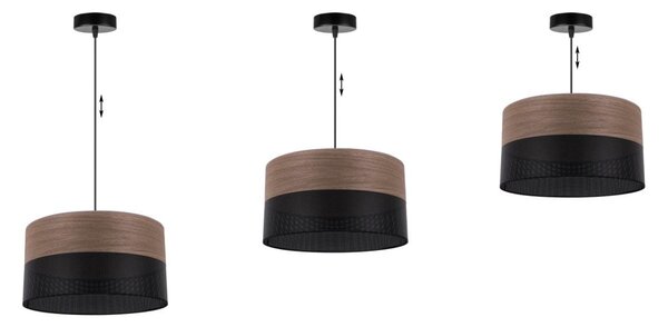 Závesné svietidlo Wood, 1x hnedá orechová dýha/čierne PVC tienidlo, (fi 35cm)