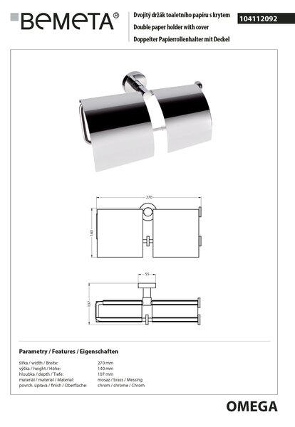 Bemeta Design OMEGA: Držiak toaletného papiera, dvojitý, s krytom - 104112092