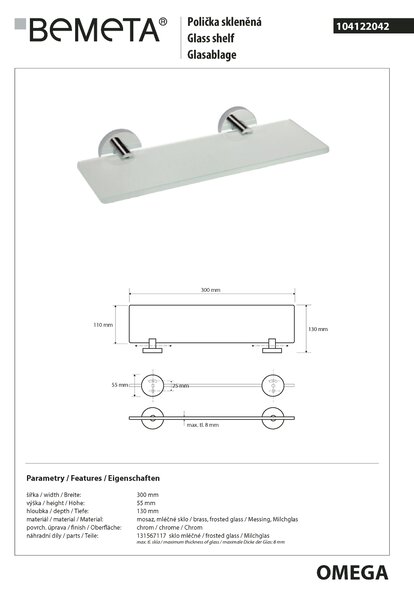 Bemeta Design OMEGA: Polička, 300 mm, sklo - 104122042