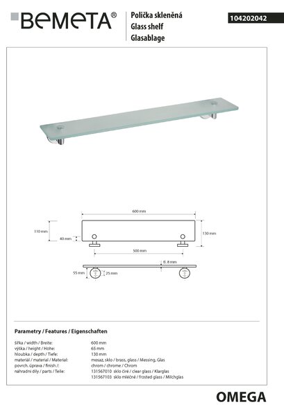 Bemeta Design OMEGA: Polička, 600 mm, sklo - 104202042