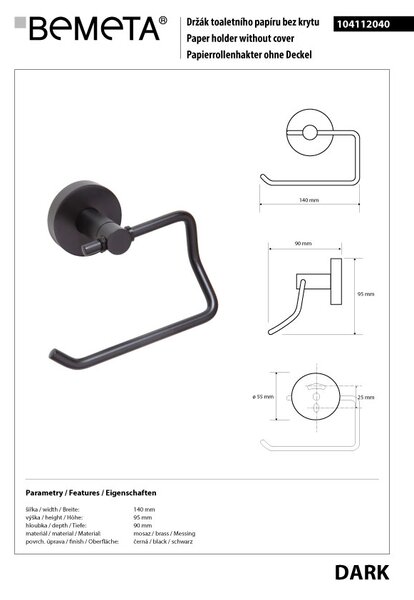 Bemeta Design DARK: Držiak toaletného papiera, bez krytu - 104112040