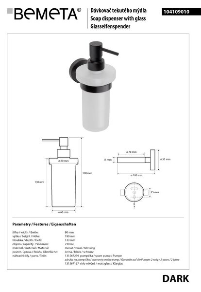 Bemeta Design DARK: Dávkovač mydla, 230 ml - 104109010