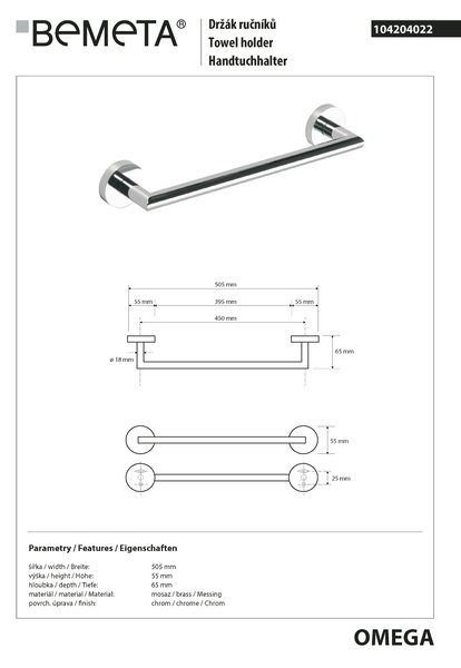 Bemeta Design OMEGA: Držiak uterákov, 450 mm - 104204022