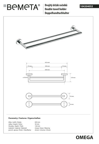Bemeta Design OMEGA: Držiak uterákov, 600 mm, dvojitý - 104204052