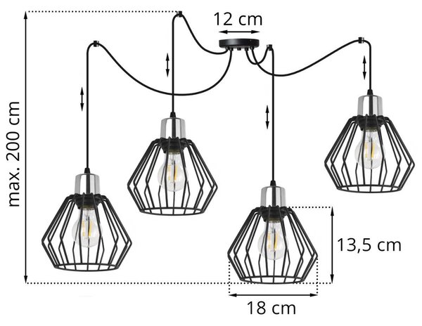 Závesné svietidlo Nuvola Spider 4, 4x čierne drôtené tienidlo, ch