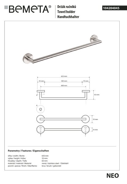 Bemeta Design NEO: Držiak uterákov, 600 mm - 104204045