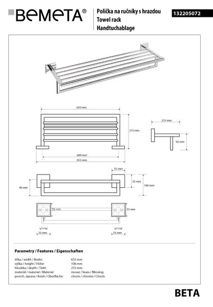 Bemeta Design BETA: Držiak uterákov, 600 mm, s hrazdou - 132205072