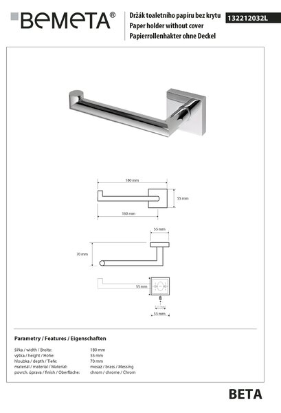 Bemeta Design BETA: Držiak toaletného papiera, ľavý - 132212032L