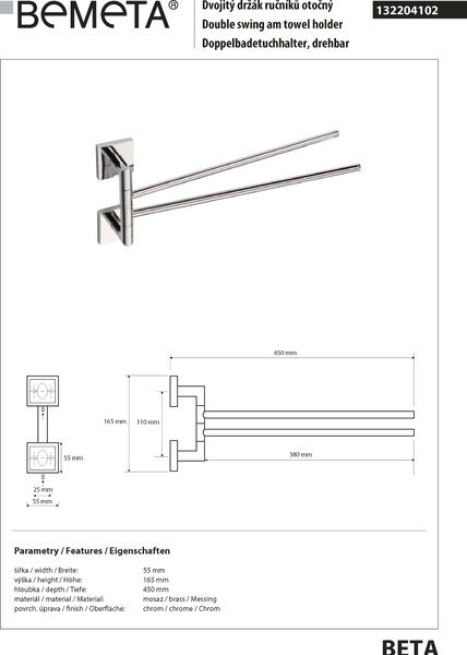 Bemeta Design BETA: Držiak uterákov, 450 mm, dvojitý, otočný - 132204102
