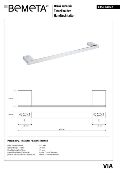 Bemeta Design VIA: Držiak uterákov, 410 mm - 135004022