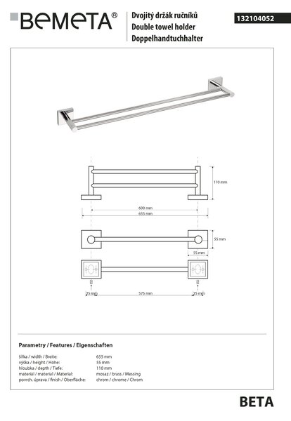 Bemeta Design BETA: Držiak uterákov, 600 mm, dvojitý - 132104052