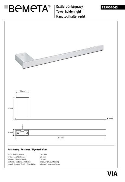 Bemeta Design VIA: Držiak uterákov, 297 mm - 135004043