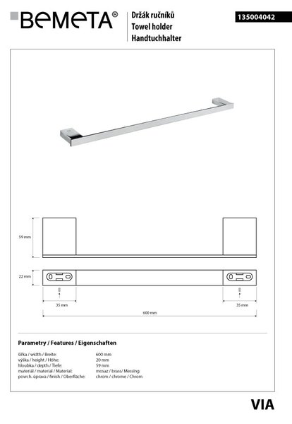 Bemeta Design VIA: Držiak uterákov, 565 mm - 135004042