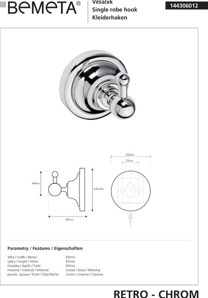 Bemeta Design RETRO chróm: Háčik - 144306012