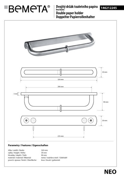 Bemeta Design NEO: Držiak toaletného papiera, dvojitý, nerez - 146212245