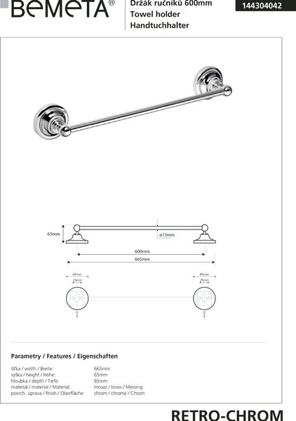 Bemeta Design RETRO chróm: Držiak uterákov, 600 mm - 144304042