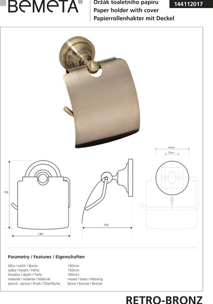 Bemeta Design RETRO bronz: Držiak toaletného papiera, s krytom - 144112017