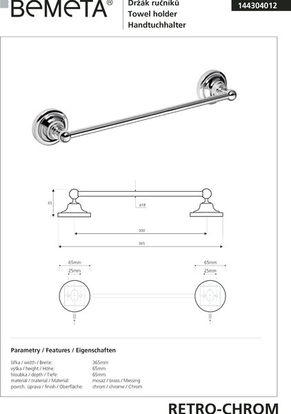 Bemeta Design RETRO chróm: Držiak uterákov, 300 mm - 144304012