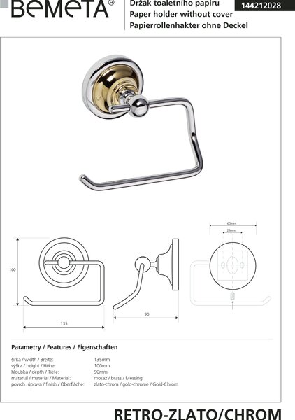 Bemeta Design RETRO gold-chrom: Držiak toaletného papiera, bez krytu - 144212028