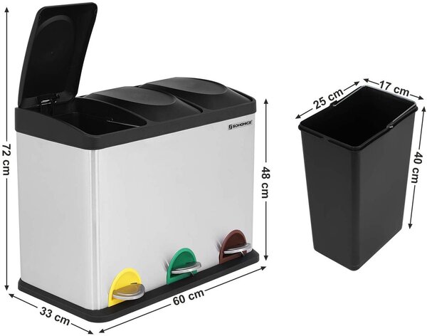 SONGMICS Odpadkový kôš LTB45L na triedený odpad, 3 x 15 L, strieborno / čierny