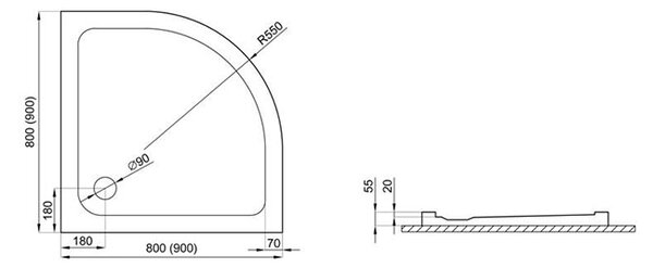 Polimat Štvrťkruhová akrylátová sprchová vanička Standard 80x80 (90x90) POLIMAT-Farba: Biela, POLIMAT-Rozmery: 80x80