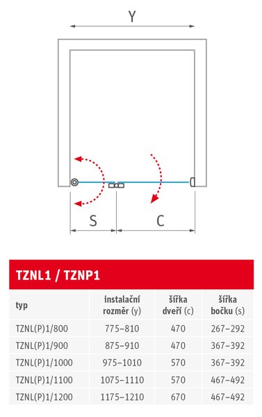 Roth Sprchové dvere TZNL1, TZNP1 pre inštaláciu do niky - bez vaničky ROTH-Variant: šírka: 90 cm, orientácia: Pravá - (TZNP1 900 - 739-900000P-00-02), ROTH-Profily: profily: brillant, výplň: transparent