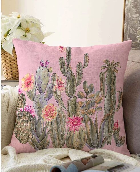 Ružová obliečka na vankúš s prímesou bavlny Minimalist Cushion Covers Blooming Cactus, 55 x 55 cm