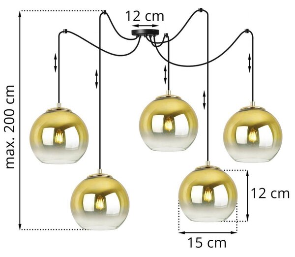 Závesné svietidlo Bergen Gold Spider, 5x zlaté/transparentné sklenené tienidlo (fi 15cm)