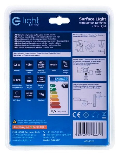 LED svietidlo + bočné svetlo, 1x LED 0,5w 4000k, w, pohybový senzor