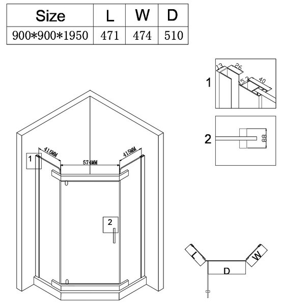 BPS-koupelny Päťuholníkový sprchovací kút KZ91B 90x90 chróm/transparent - bez vaničky