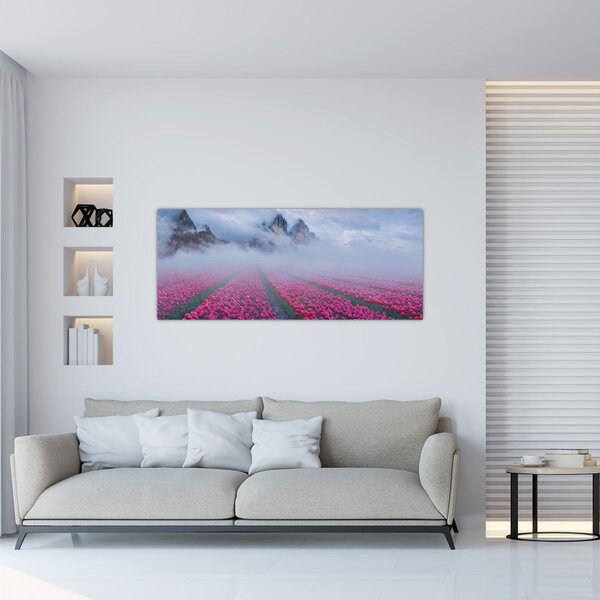 Obraz - Krajina s tulipánovými poľami (120x50 cm)